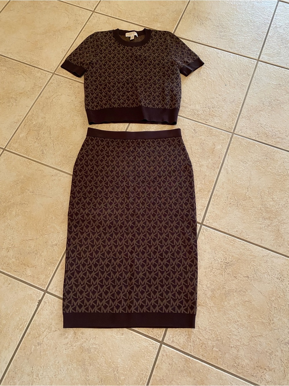 Michael Kors Brown Logo Knit Skirt Set - Dark Brown & Tan Pattern